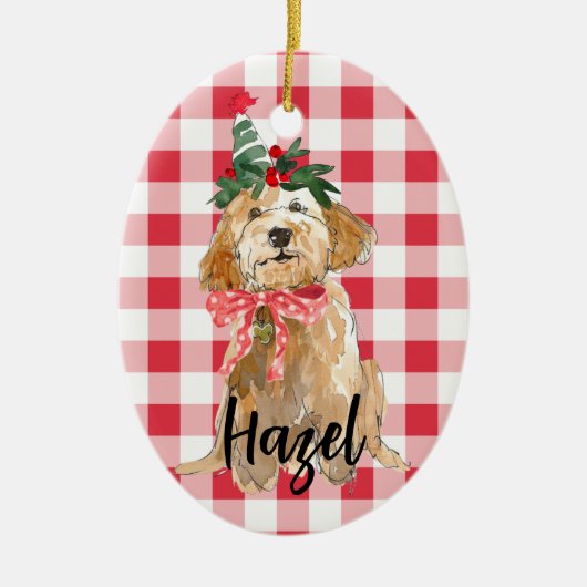 ゴールデンドードルドッグクリスマス セラミックオーナメント (正面)