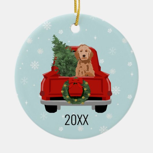 ゴールデンドードルドッグレッドクリスマストラックオーナメント セラミックオーナメント (正面)