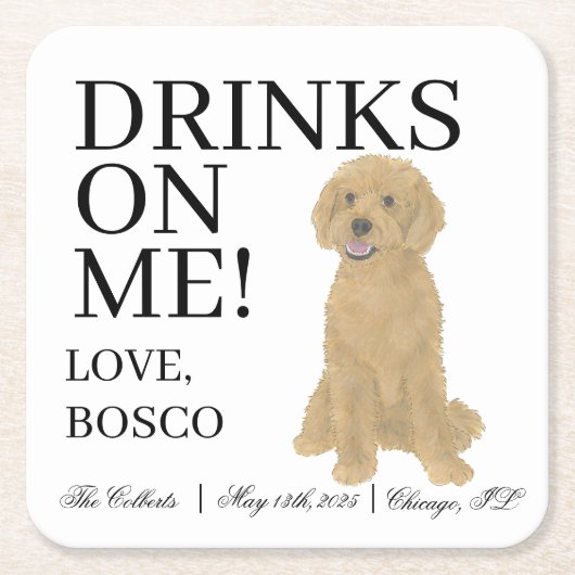 ゴールデンドードル結婚ドッグ スクエアペーパーコースター (正面)