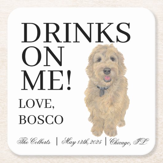 ゴールデンドードル結婚ドッグ スクエアペーパーコースター (正面)