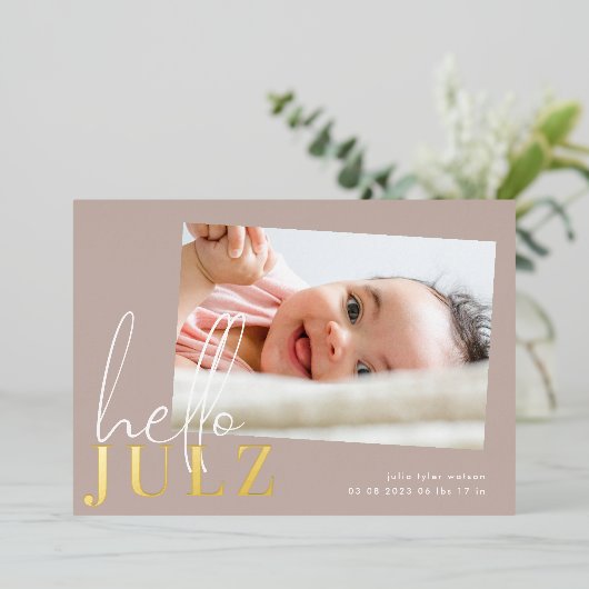 ゴールデンネームHelloフォトベビー誕生のお知らせ 箔招待状 (立ち正面)
