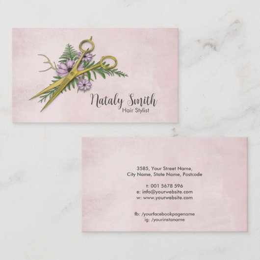 ゴールデンハサミと花イラストレーション 名刺 (正面/裏面)