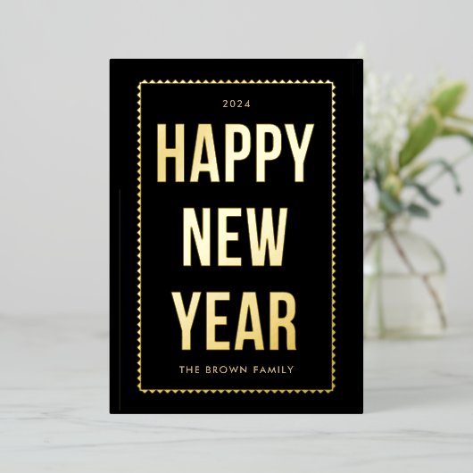 ゴールデンハッピーニューイヤーのフォトカード(黒) 箔シーズンカード (立ち正面)