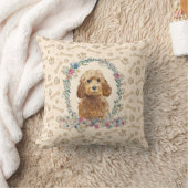 ゴールデンハニーコカプードッグポープリント&フローラカワイト クッション (ブランケット)