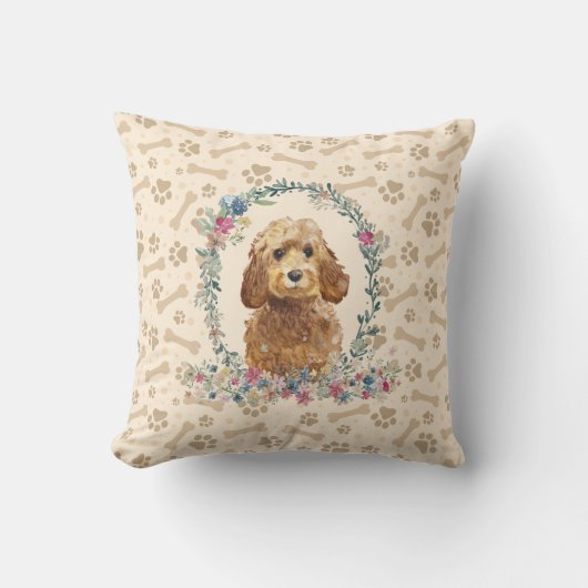 ゴールデンハニーコカプードッグポープリント&フローラカワイト クッション (正面)