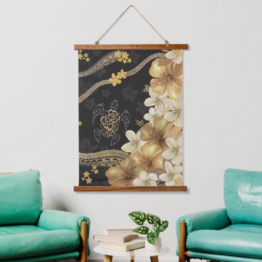 ゴールデンハワイアンハイビスカスアンドタパフュージョン 吊り下げ型タペストリー (リビング)