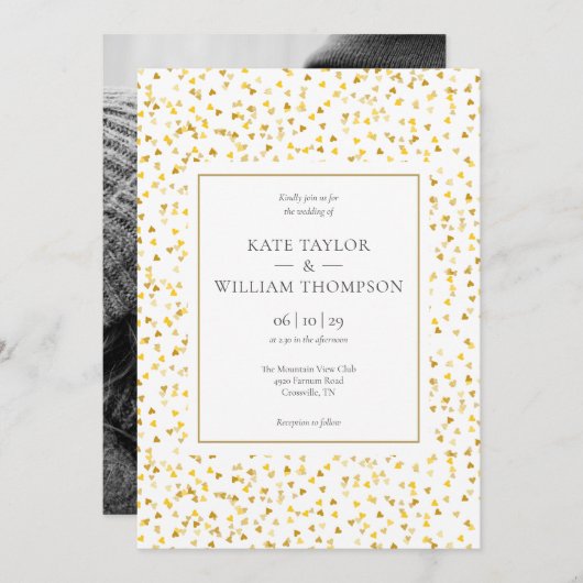 ゴールデンハート紙吹雪フォト結婚式招待状 招待状 (正面/裏面)