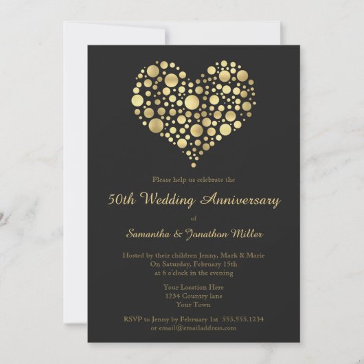 ゴールデンハート 50周年 結婚記念日 ゴールド 招待状 (正面)