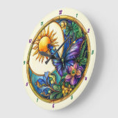 ゴールデンハーベストステンドグラスひまわり蝶 ラージ壁時計 (傾斜)