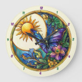 ゴールデンハーベストステンドグラスひまわり蝶 ラージ壁時計 (正面)