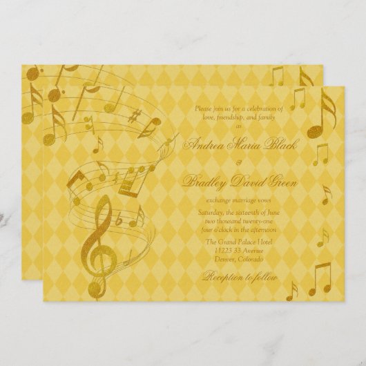ゴールデンハーレクイン音楽ノート結婚式招待状 招待状 (正面/裏面)