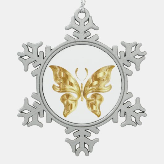 ゴールデンバタフライスノーフレークピータークリスマスオーネーム スノーフレークピューターオーナメント (正面)