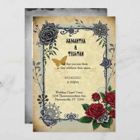 ゴールデンバタフライバラスチームパンクヴィンテージウェディング 招待状 (正面/裏面)