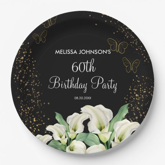 ゴールデンバタフライホワイトカラリリーブラック誕生日 ペーパープレート (正面)