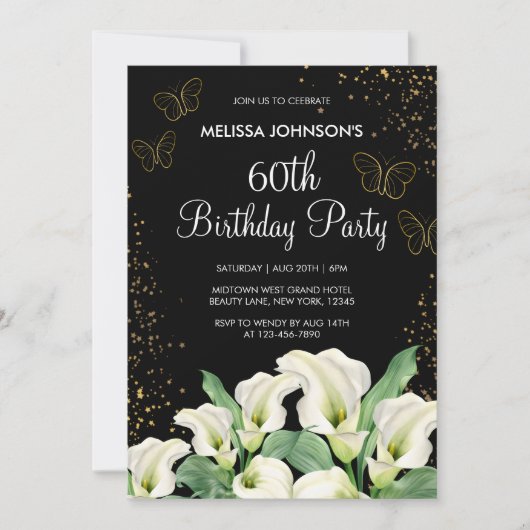 ゴールデンバタフライホワイトカラリリーブラック誕生日 招待状 (正面)
