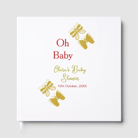 ゴールデンバタフライレッドベビーシャワーオベビー モダン ゲストブック (正面)