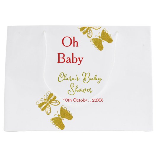ゴールデンバタフライレッドベビーシャワーオベビー モダン ラージペーパーバッグ (正面)