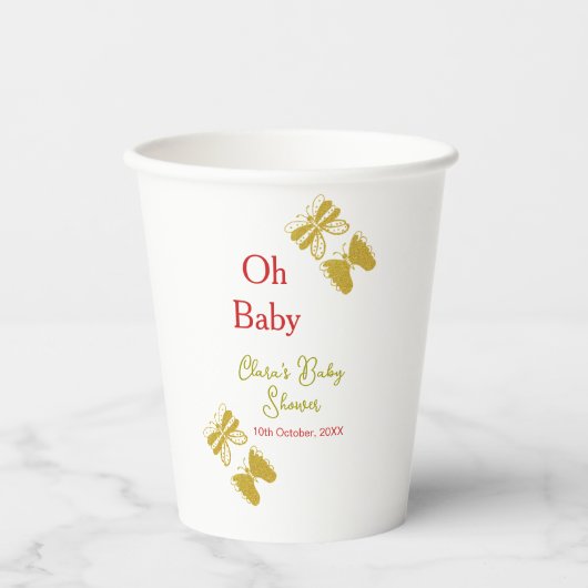 ゴールデンバタフライレッドベビーシャワーオベビー モダン 紙コップ (正面)