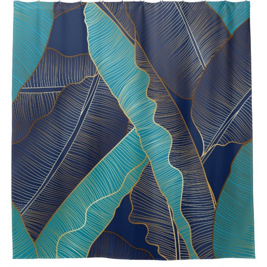 ゴールデンバナナの葉：豪華なパターン。 シャワーカーテン (正面)