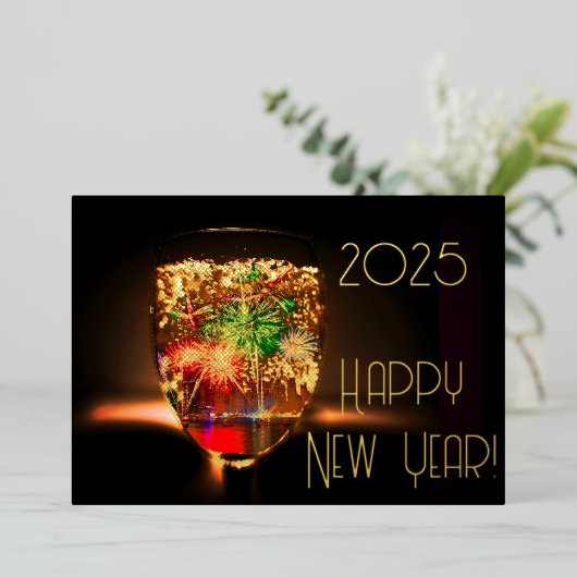 ゴールデンバブルと花火 – 新年おめでとう 箔招待状 (立ち正面)