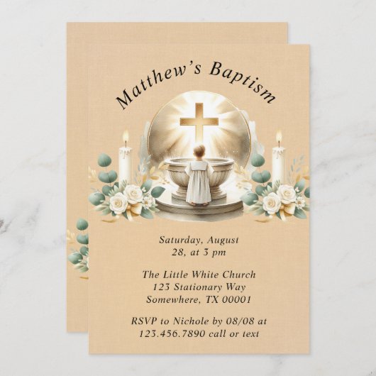 ゴールデンバプティスマル男の赤ちゃん《キリスト教》洗礼式や命名式バプテスマ 招待状 (正面/裏面)