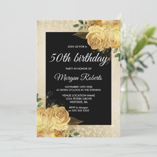 ゴールデンバラグリッターフローラ50th誕生日招待状 招待状 (スタンド正面)