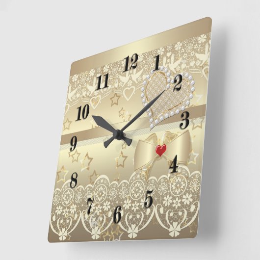 ゴールデンバレンタインデ結婚ーのイラストレーションハートl スクエア壁時計 (傾斜)