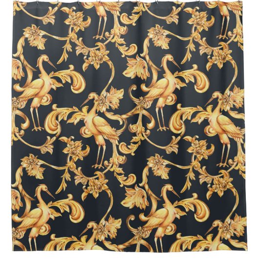 ゴールデンバロックのクレーン：ロココオーナメント。 シャワーカーテン (正面)