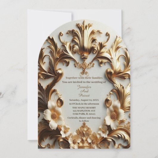 ゴールデンバロック様式のグランドゥールホワイトフラワー渦巻きアーチ 招待状 (正面)