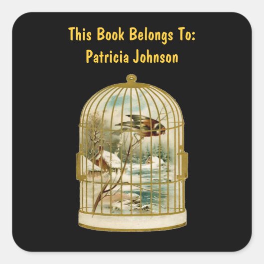 ゴールデンバードケージ冬のシーンキャビン雪バードブラック スクエアシール (正面)