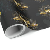 ゴールデンバードスカルオンブラックバックグラウンド ラッピングペーパー (ロールコーナー)
