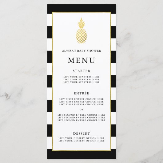 ゴールデンパイナップルストライプのトロピカルベビーシャワーメニュー メニュー (正面)