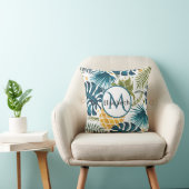 ゴールデンパイナップルブルー葉パームズの葉モノグラム クッション (椅子)