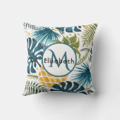 ゴールデンパイナップルブルー葉パームズの葉モノグラム クッション (裏面)
