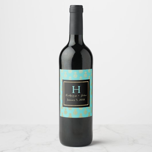 ゴールデンパイナップルモノグラムのズ結婚のワインラベル ワインラベル (正面)