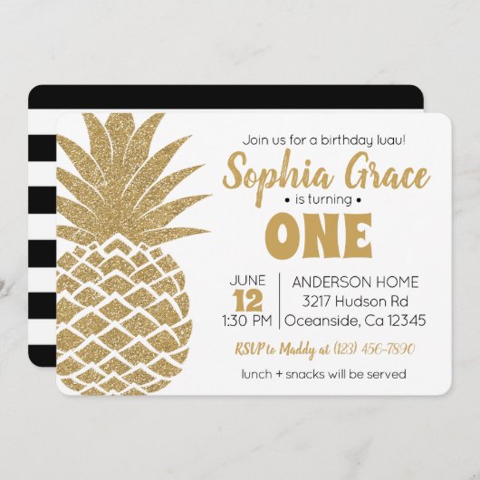 ゴールデンパイナップル誕生日ルアウ（ハワイ式宴会） 招待状 (正面/裏面)