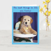 ゴールデンパピーinハイチェア – New Pet カード (黄色い花)
