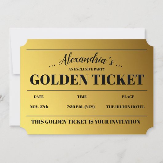 ゴールデンパーソナライズされたチケットパーティの招待状 (正面)