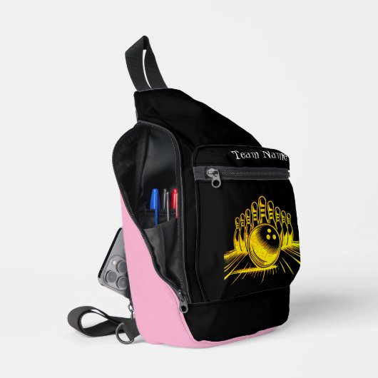 ゴールデンパーソナライズされたボーリングチームデザイン スリングバッグ (見開き)