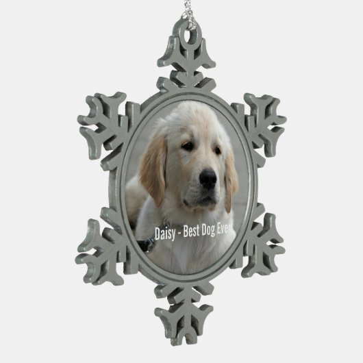 ゴールデンパーソナライズされたリトリーバードッグの写真と名前 スノーフレークピューターオーナメント (左)