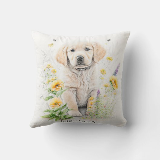 ゴールデンパーソナライズされたレトリバーが花を咲かせる クッション (裏面)