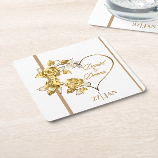 ゴールデンパーソナライズされた結婚ズ スクエアペーパーコースター (アングル)