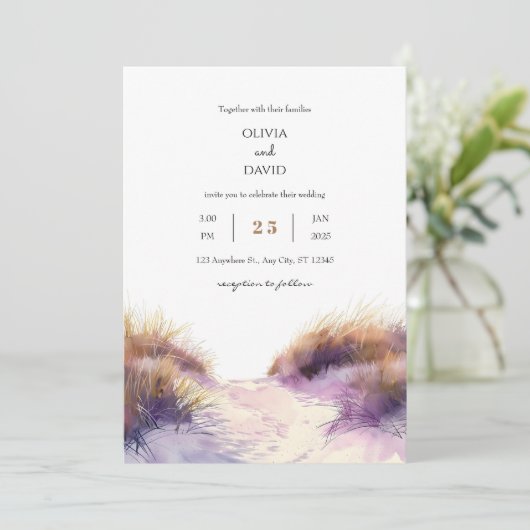 ゴールデンパープルサンセットサンディドゥネスビーチ結婚式 招待状 (スタンド正面)