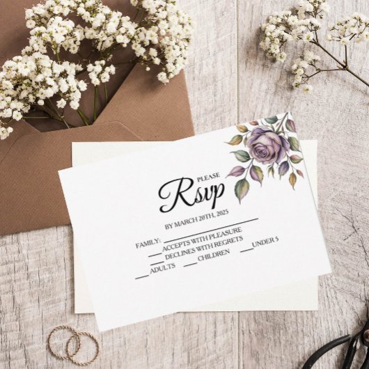 ゴールデンパープルバラデザイナーRSVPカード 出欠カード