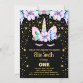 ゴールデンパープルブラックユニコーン誕生日招待状 招待状 (正面)