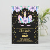 ゴールデンパープルブラックユニコーン誕生日招待状 招待状 (スタンド正面)