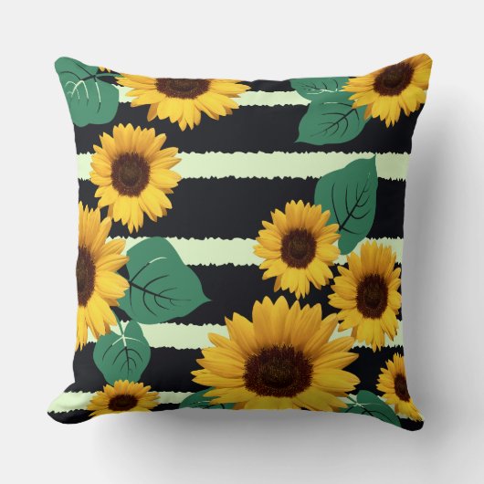 ゴールデンヒマワリとギザギザのネイビーストライプズのグラフィック クッション (正面)