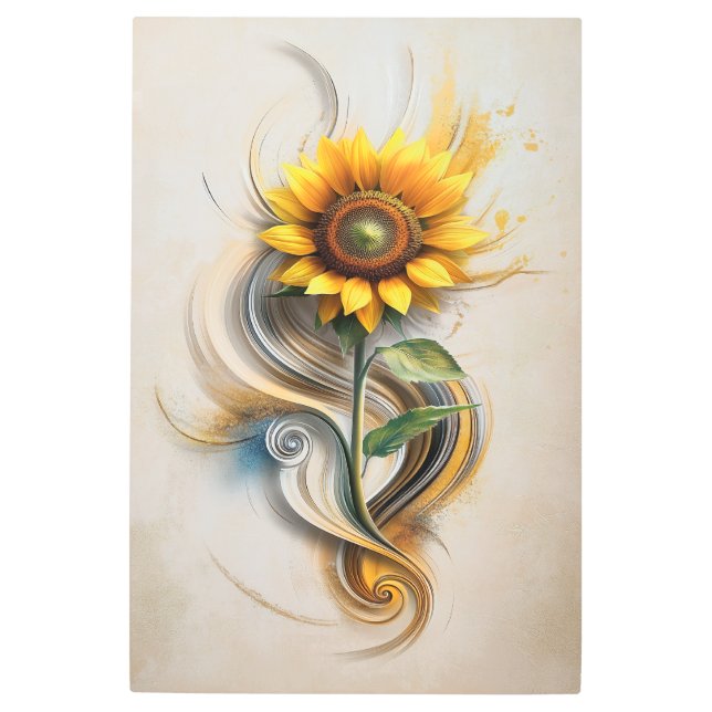 ゴールデンヒマワリ渦：抽象芸術フローラ金属壁 メタルプリント (正面)