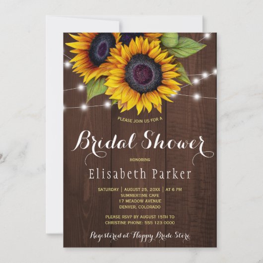 ゴールデンヒマワリ素朴な納屋の木ブライダルシャワー 招待状 (正面)