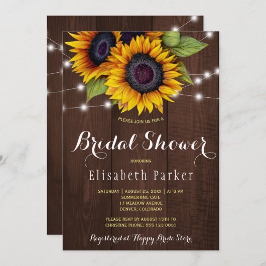 ゴールデンヒマワリ素朴な納屋の木ブライダルシャワー 招待状 (正面/裏面)